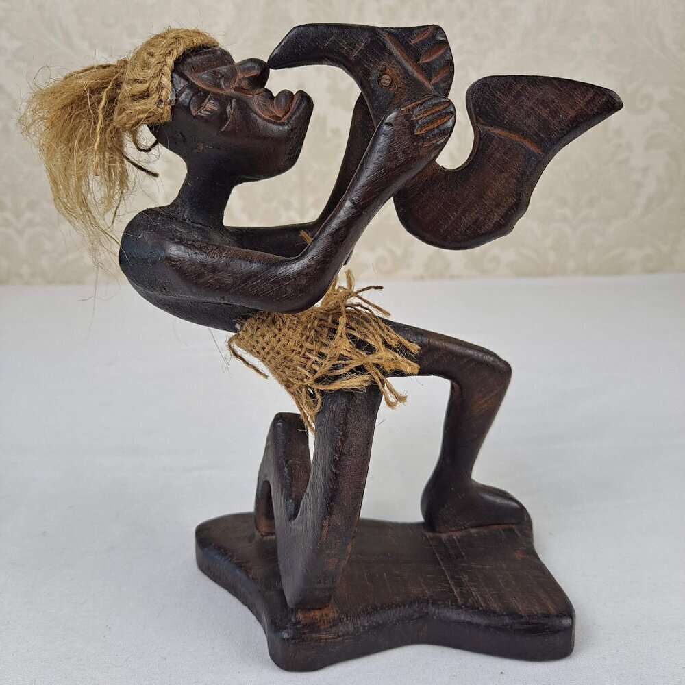 Vintage Tiki Polynesian Hawaii Tribal Man Playing Saxophone Handcarved Wooden